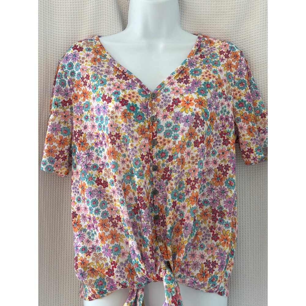Griege Womens Floral Button Down Tie Front Short Sleeve Knit Top Multicolor L